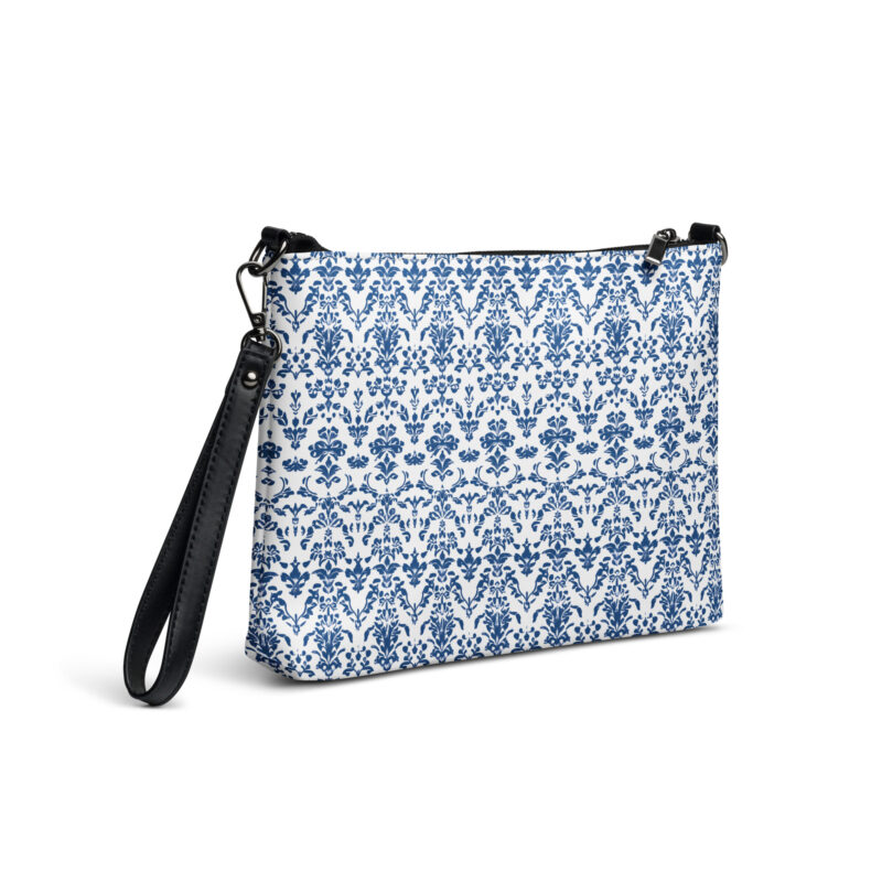 crossbody bag women. A bag with a floral blue print.
