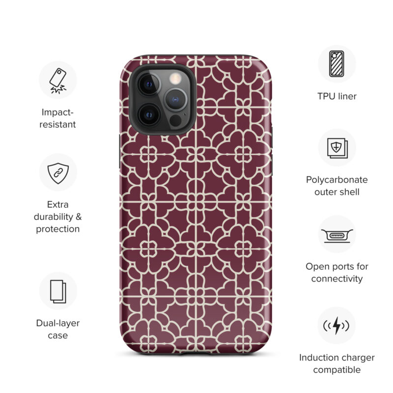 iphone-12-pro. Cute phone cases for iPhones with red geometric design and features.