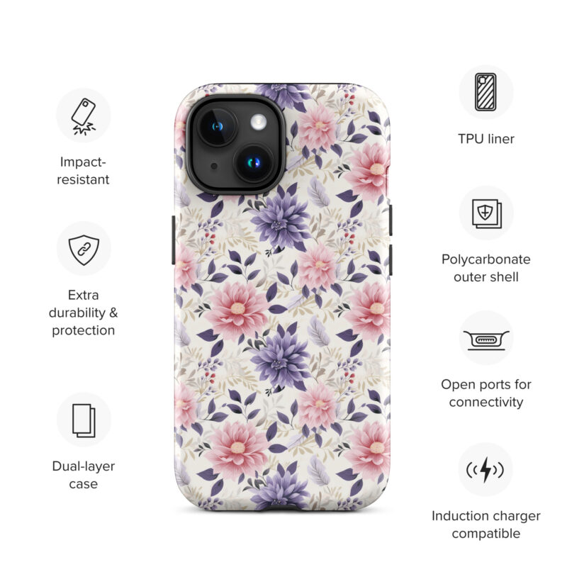 iphone-15. Cute phone cases for iPhone with floral print and features.