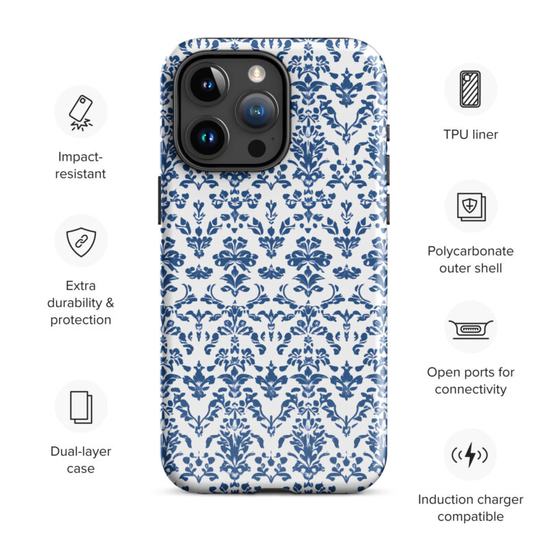 iPhone 15 pro max. Cute phone cases with a blue floral design and features.