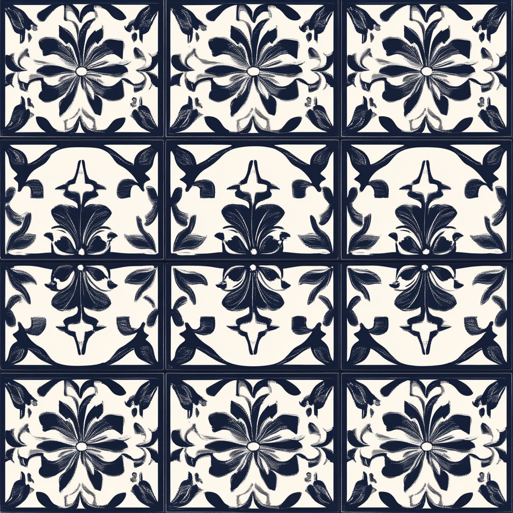 Midnight Bloom Tiles - Navy and Ivory - Traditional Design