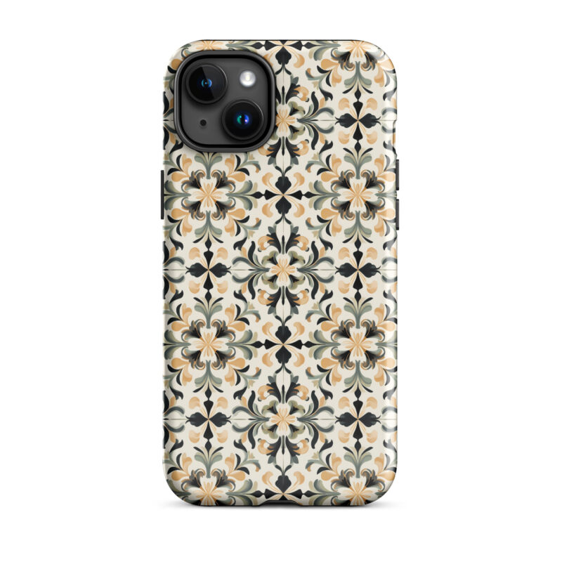 iphone-15-plus. Cute phone cases for iPhones with golden floral pattern.