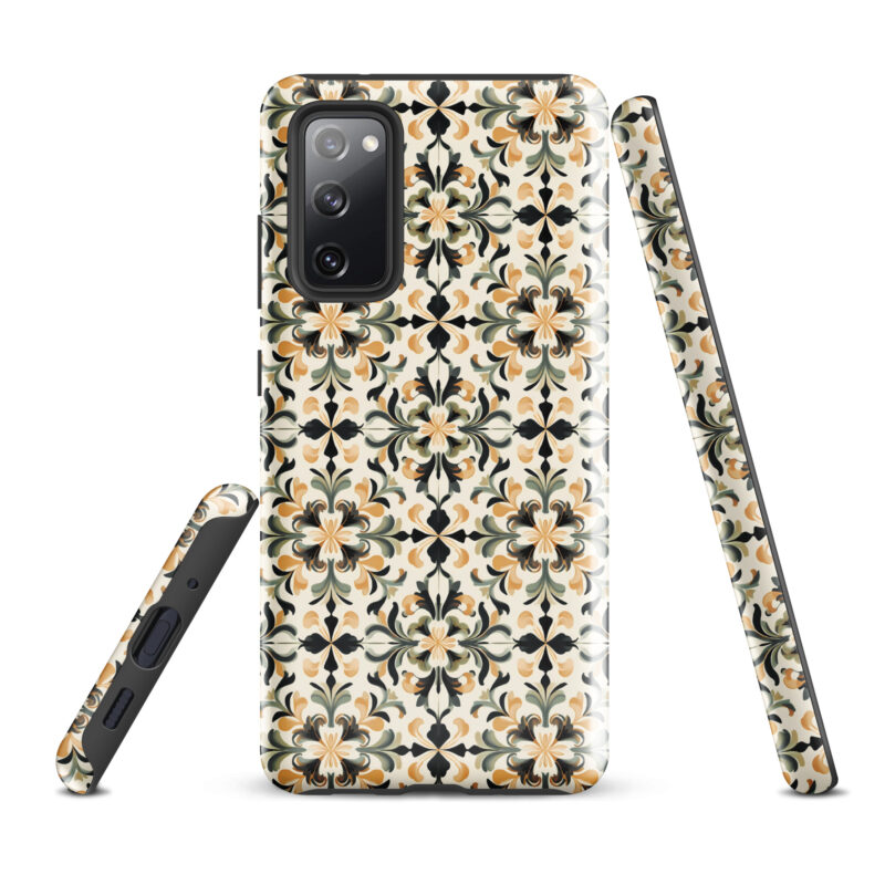 samsung-galaxy-s20-fe. Samsung phone case with cute golden floral design.