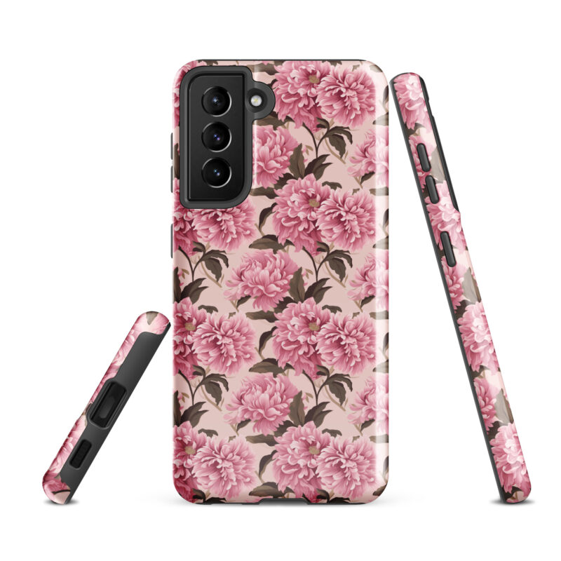 samsung-galaxy-s21-fe. Samsung phone case with chic pink floral pattern.