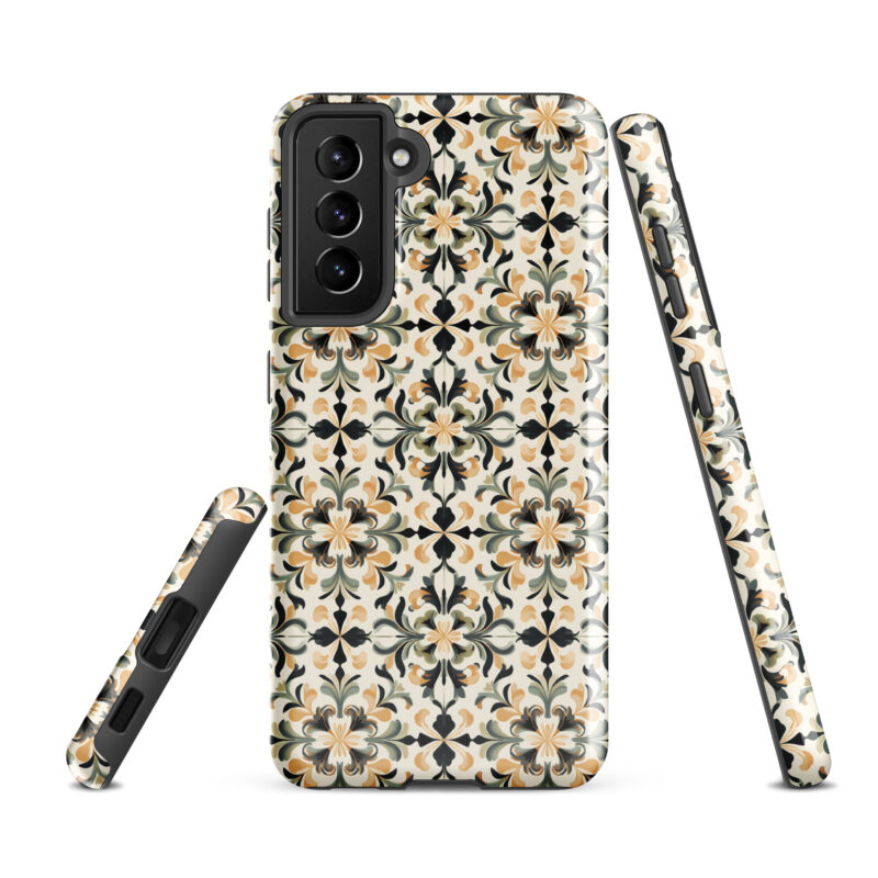 samsung-galaxy-s21-fe. Samsung phone case with cute golden floral design.