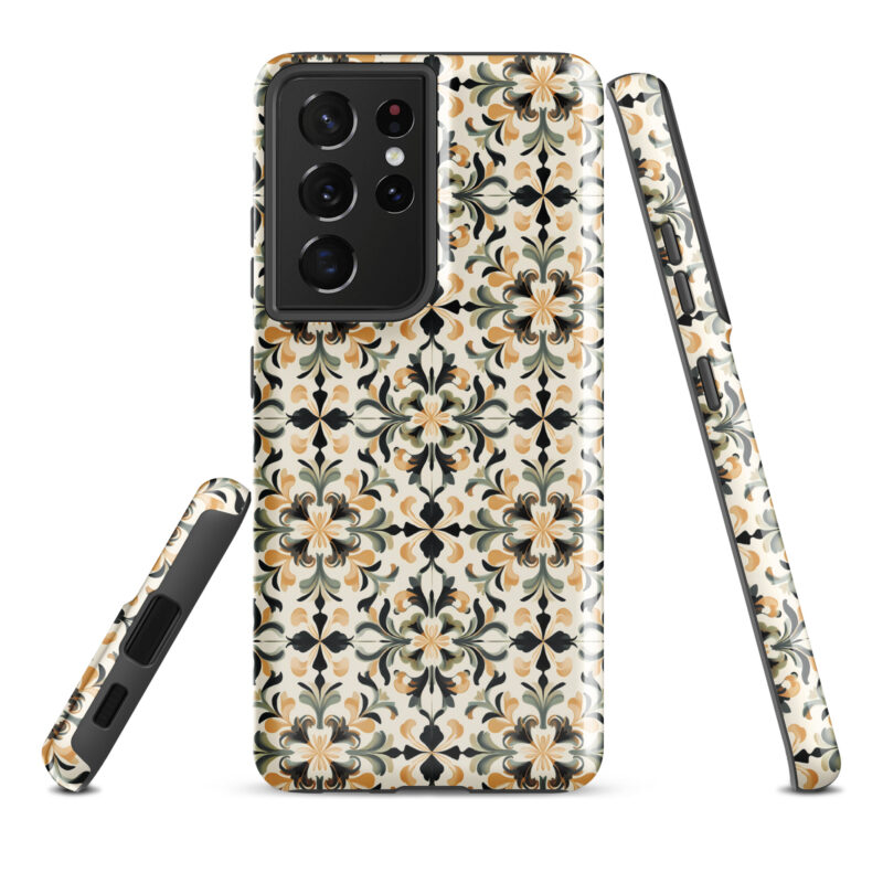 samsung-galaxy-s21-ultra. Samsung phone case with cute golden floral design.