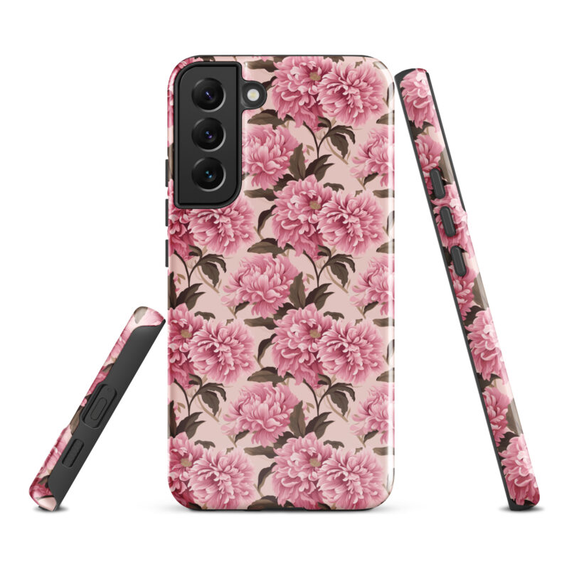 samsung-galaxy-s22-plus. Samsung phone case with chic pink floral pattern.