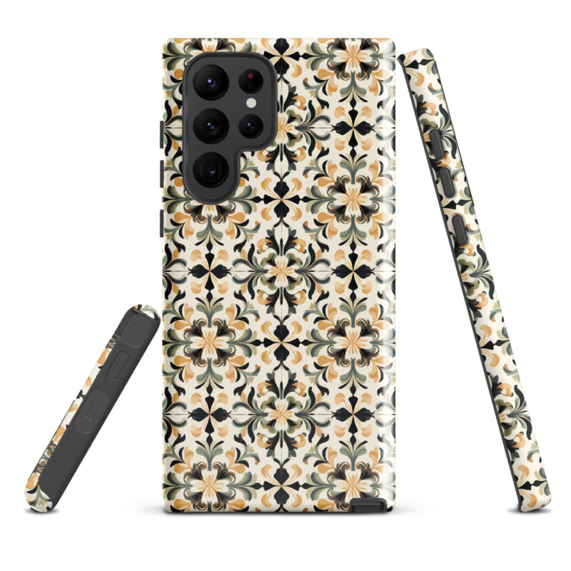 samsung-galaxy-s22-ultra. Samsung phone case with cute golden floral design.